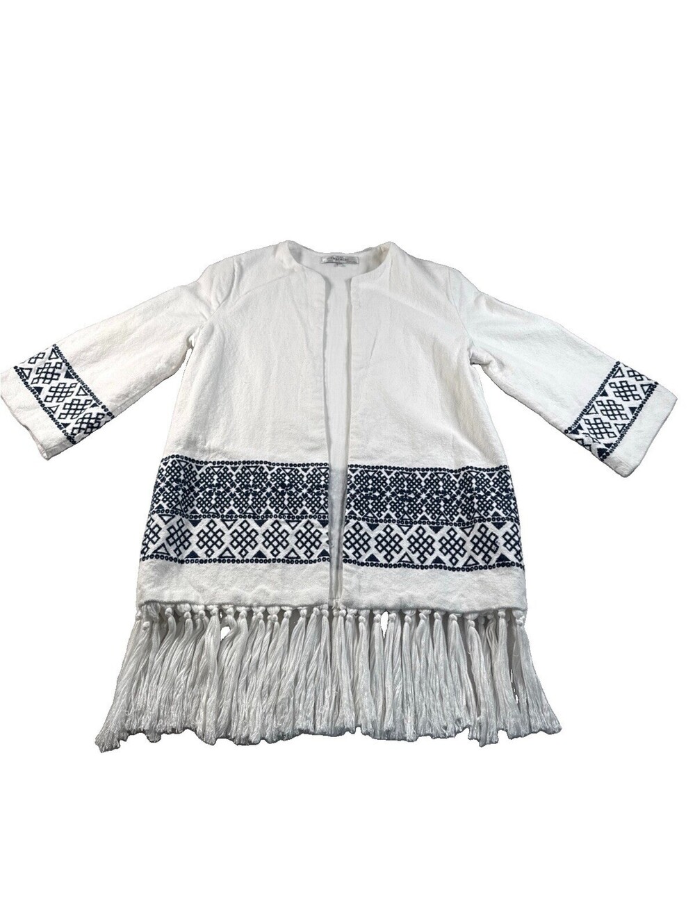 Zara Aztec Embroidered Fringe Jacket in Optic White Sz M Pre Owned